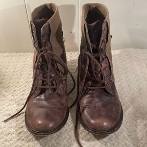 MIA Limited Edition MLE Luggage Leather Canvas Lace Up Moto  Distressed Boots